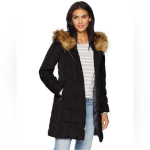 Cole Haan Black Winter/Autum Coat/Faux Fur Trim-Down/Feather Fill-Size Small